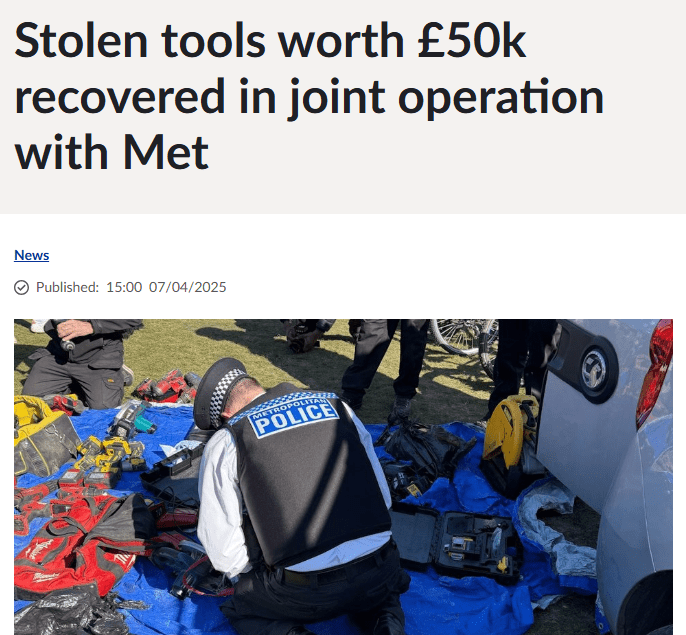 News article headline "Stolen tools worth £50k recovered in joint operation with Met"