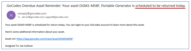 Automated GoCodes email reminder showing overdue asset return for a portable generator