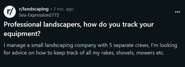 Screenshot of a reddit post in r/landscaping asking professional landscapers how they track their equipment