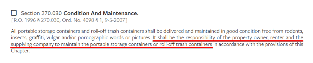 Screenshot of municipal ordinance text about maintenance responsibilities for roll-off trash containers, with red underline for emphasis