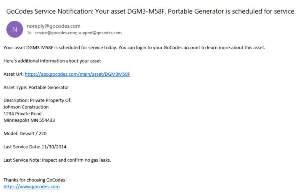 Service notification email from GoCodes for a portable generator with details about asset type, location, and service note