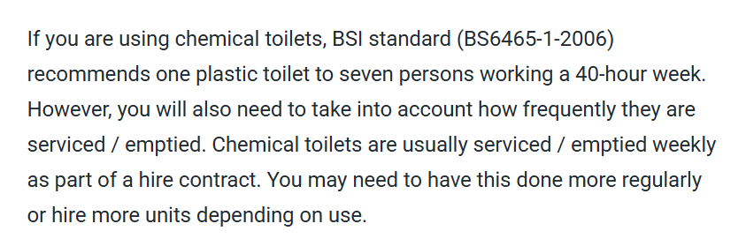 Text explaining UK BSI standard recommending one toilet per seven workers and service frequency requirements