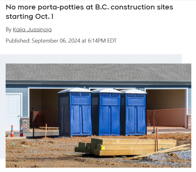 News headline announcing ban on porta-potties at B.C. construction sites with image of blue portable toilets