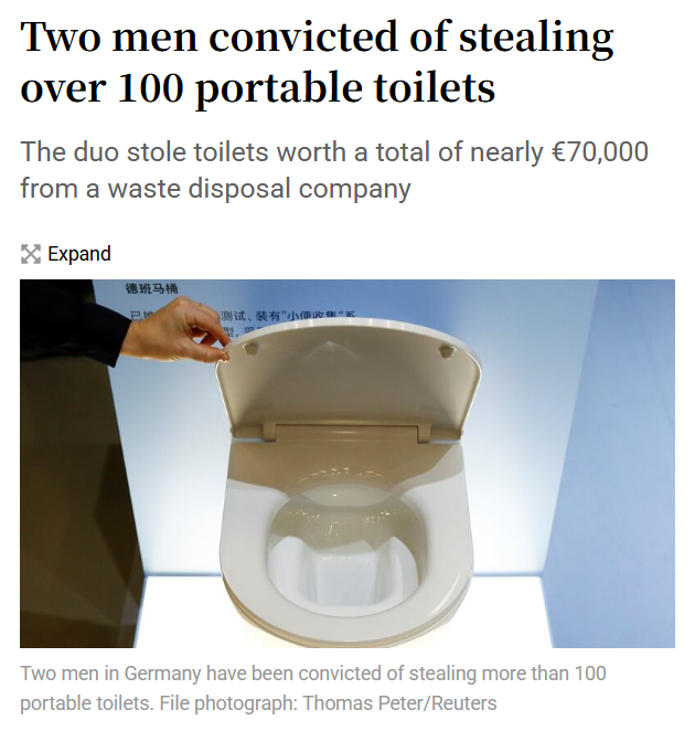 News headline about men convicted of stealing over 100 portable toilets