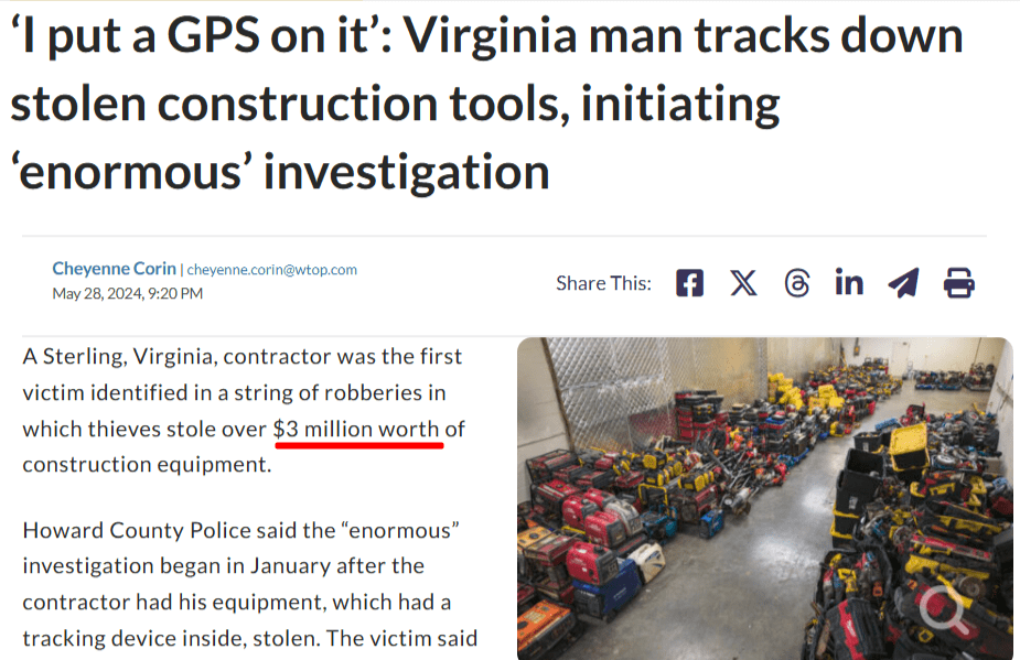 News headline "‘I put a GPS on it’: Virginia man tracks down stolen construction tools, initiating ‘enormous’ investigation"