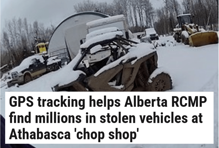 New article headline "GPS tracking helps Alberta RCMP find millions in stolen vehicles at Athabasca 'chop shop'"