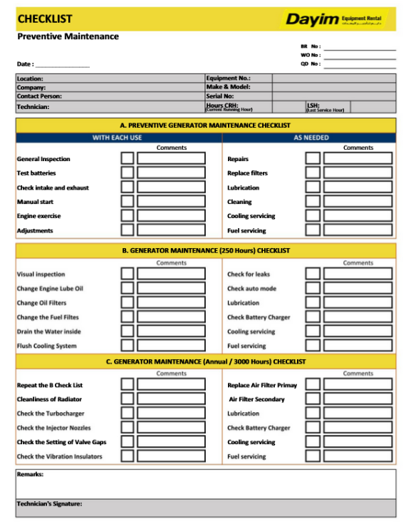 Calameo preventive maintenance checklist