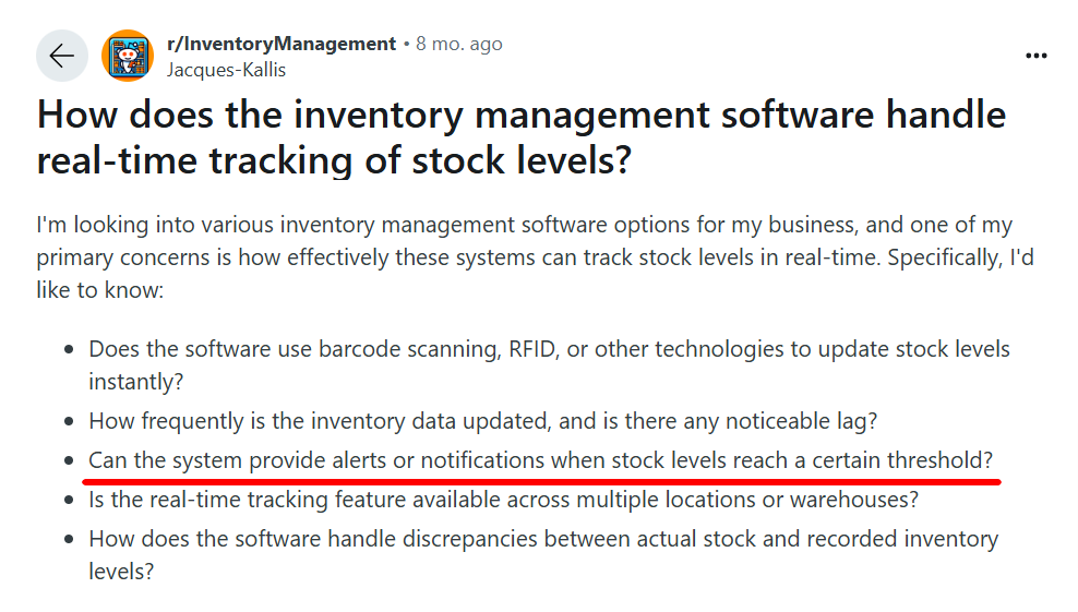 Reddit user discussing inventory management software