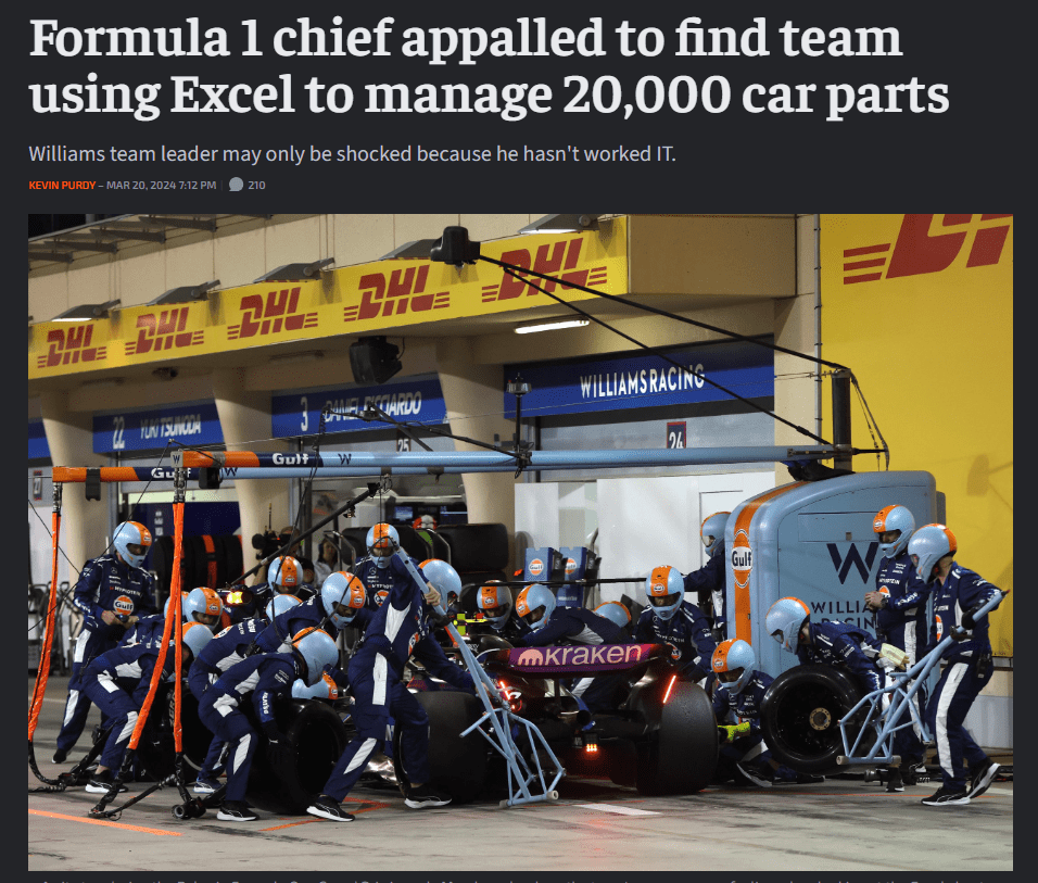 News article of a Formula 1 team using Excel