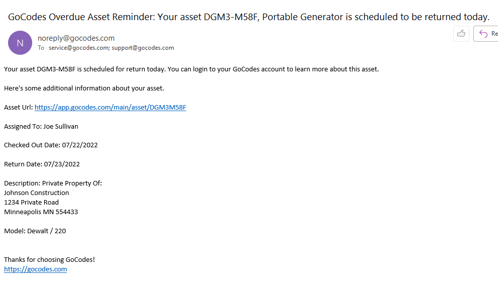 gocodes overdue asset reminder email screenshot