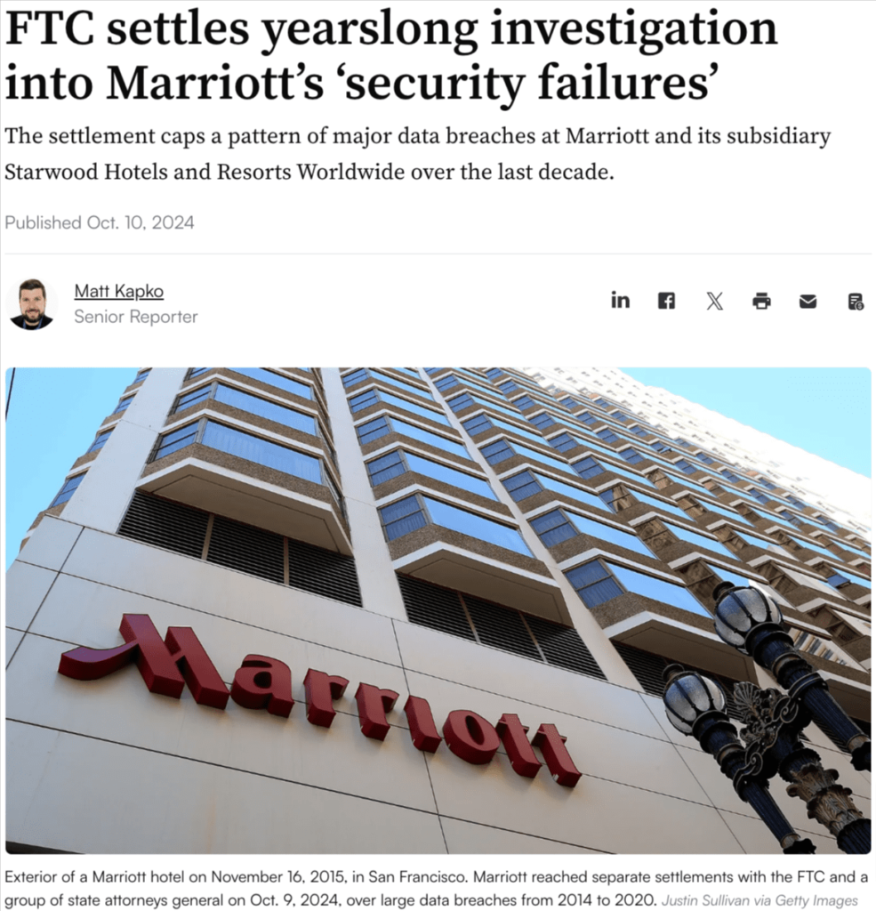 News article headline "FTC settles yearslong investigation into Marriott’s ‘security failures’"