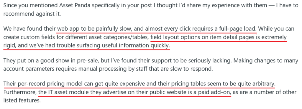 Customer review for Asset Panda on Reddit