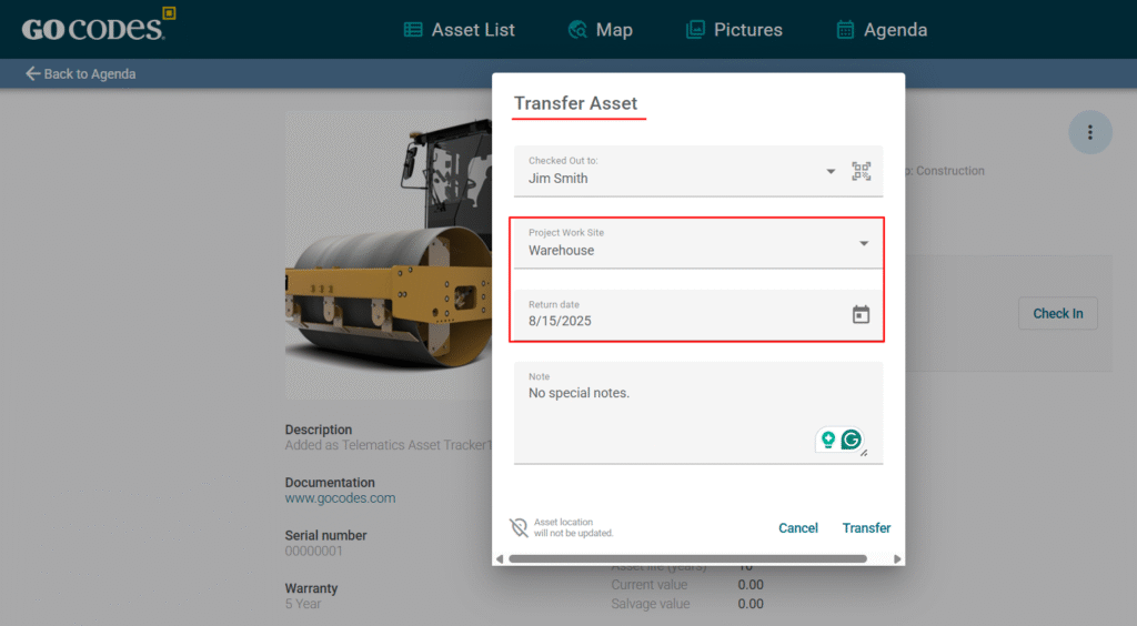 GoCodes Asset Tracking dashboard
