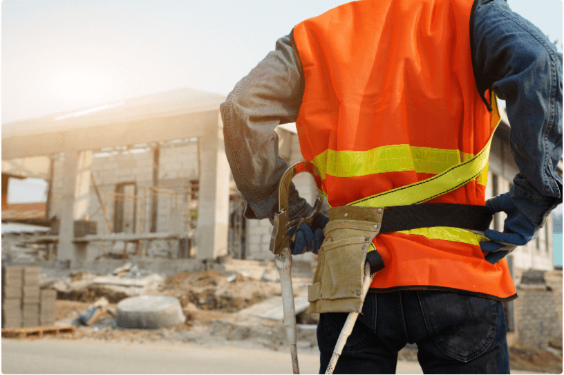 Construction worker wearing a reflective vest facing a building under construction