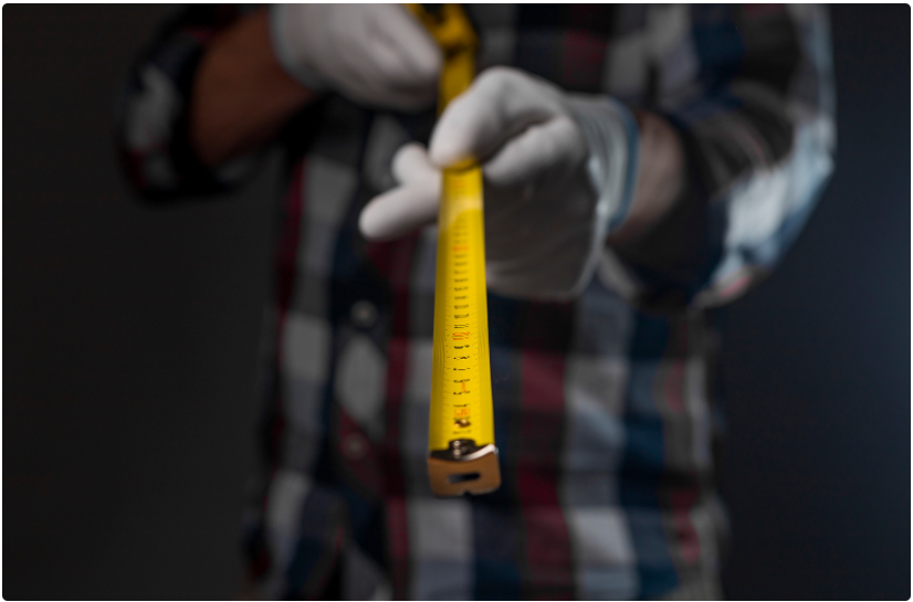 Worker wearing protective gloves holding a yellow measuring tape