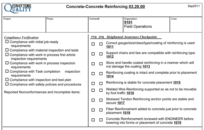 Example of a quality checklist for concrete reinforcing