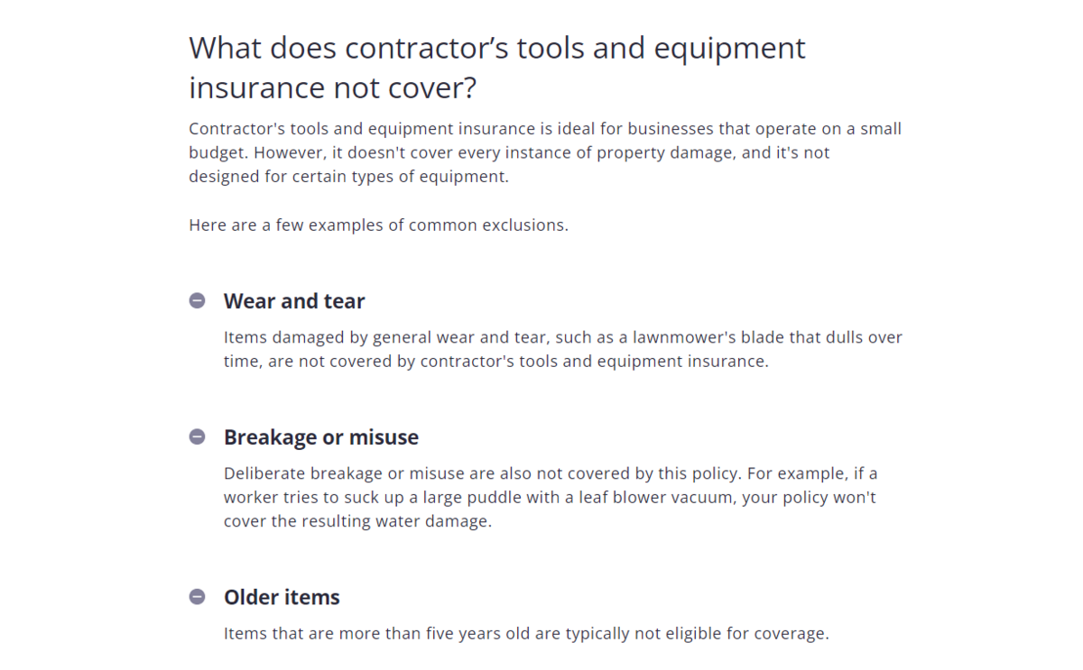 Insureon Contractor’s Tools and Equipment Insurance Screenshot