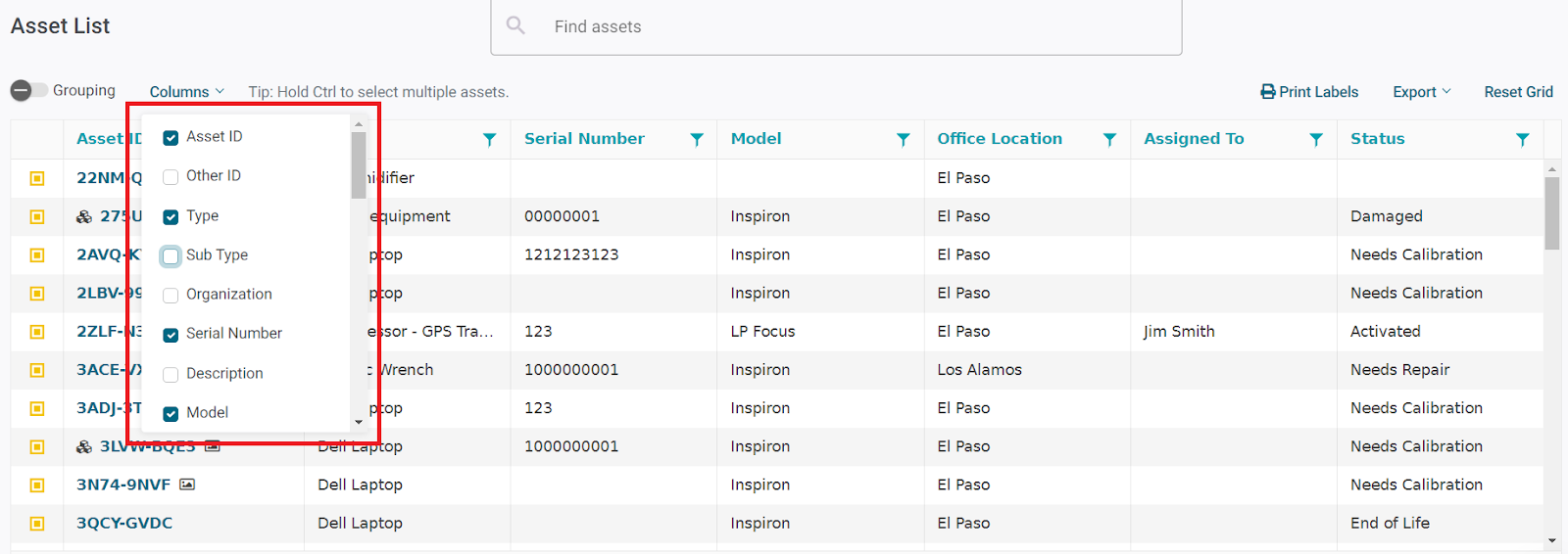 gocodes asset list customization screenshot