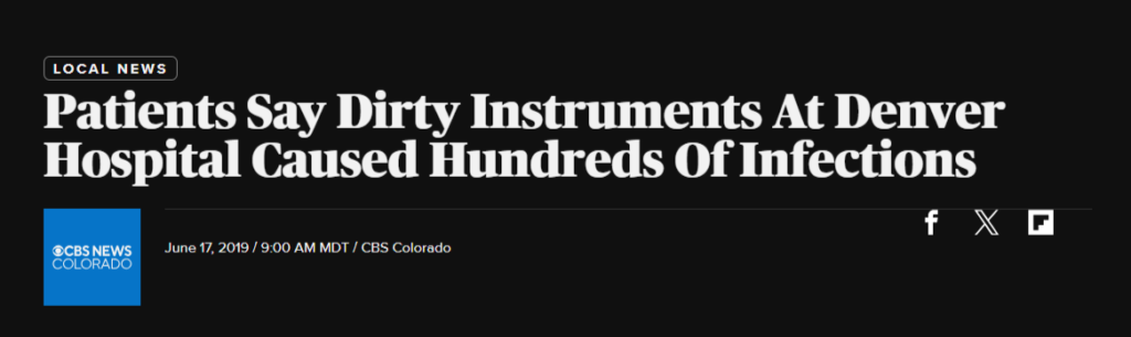 News headline about Denver hospital saying dirty instruments caused hundred of infections