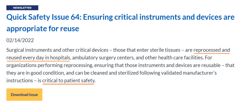 Newsletter excerpt discussing Quick Safety Issue 64, focusing on the reprocessing and reuse of surgical instruments