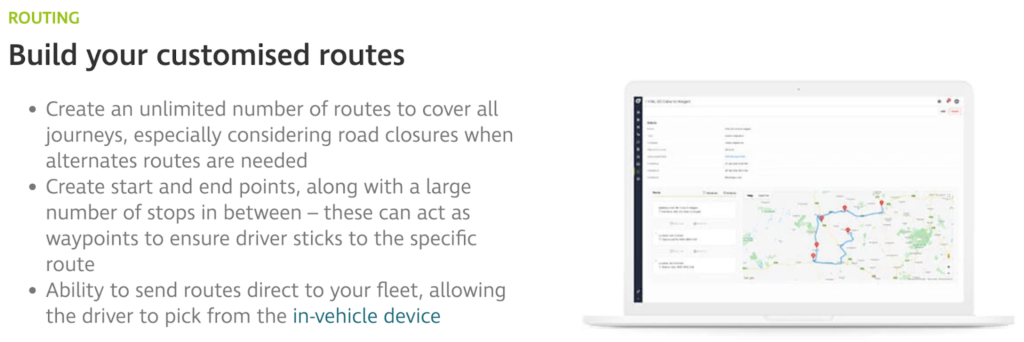 Screenshot of a routing dashboard showing customised route planning for fleet management


