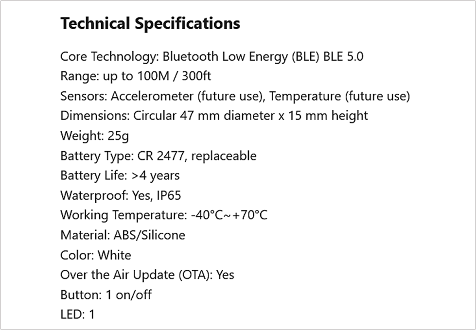 Technical specifications of GoCodes Bluetooth beacon tracker