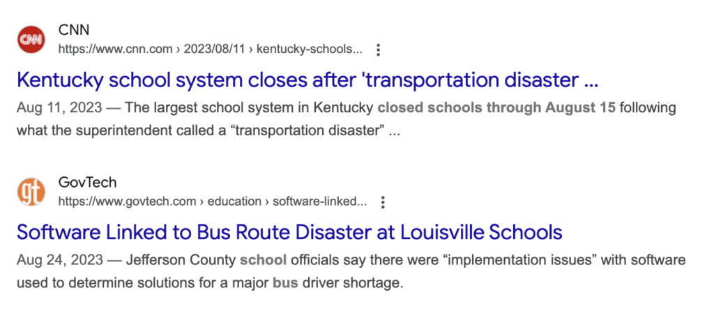 Google search results for Louisville school bus route disaster