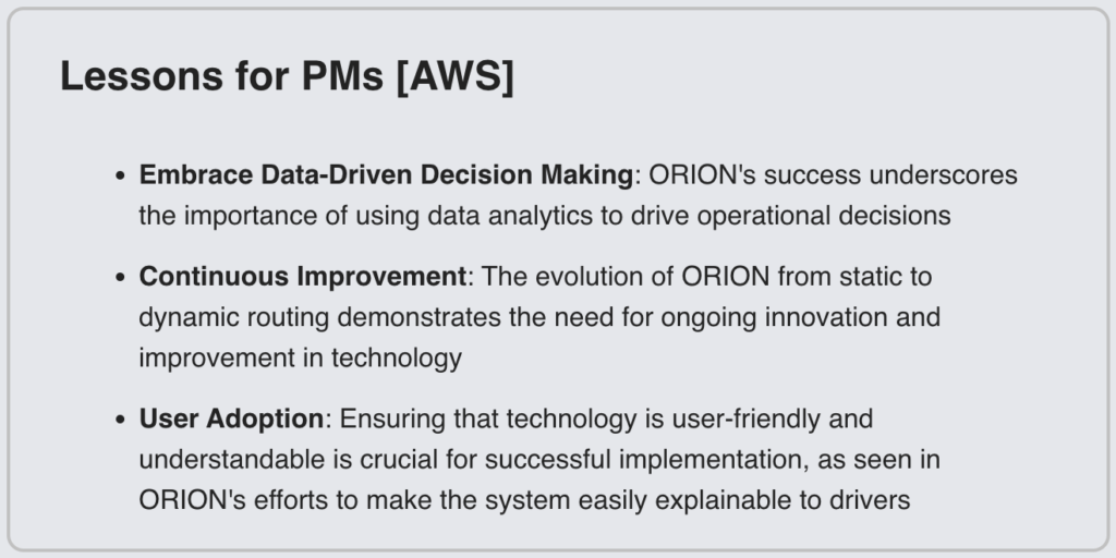 Lessons for PMs highlighting data-driven decision-making, continuous improvement, and user adoption