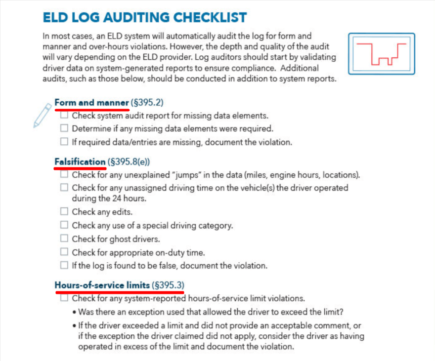 EDL log auditing checklist - form and manner, falsification, hours- of -service limits