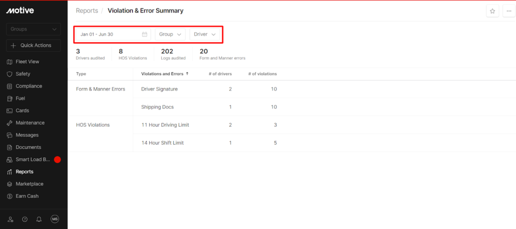 Motive dashboard 