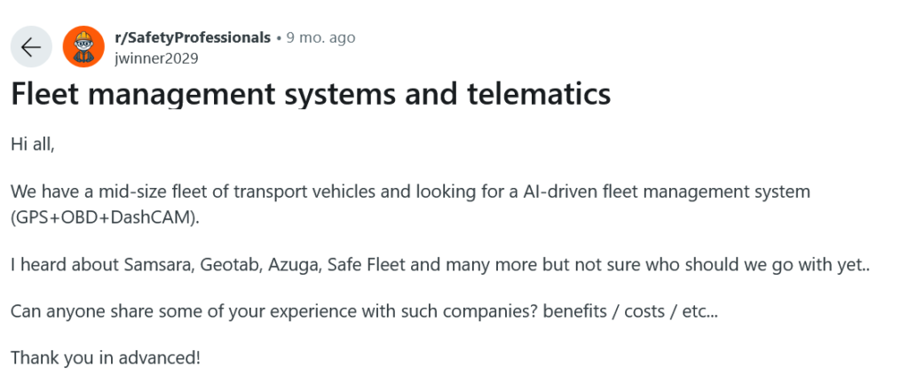 Reddit customer review on specific telematics solutions