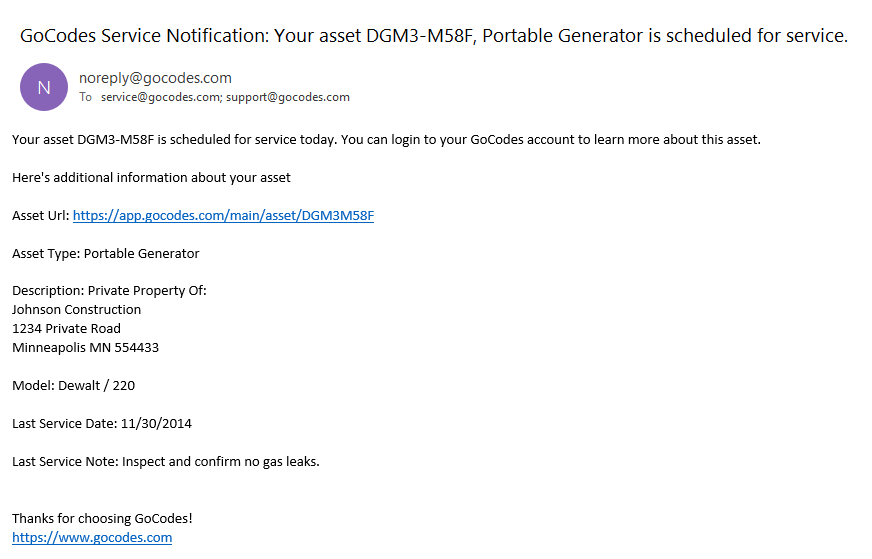 GoCodes service notification