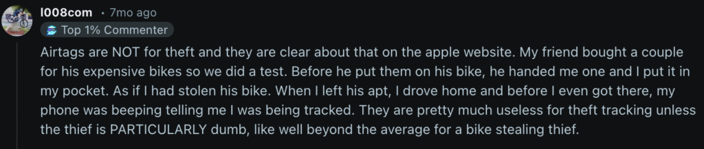 Reddit comment explaining that AirTags are ineffective for preventing bike theft, highlighting limitations when used as anti-theft tools