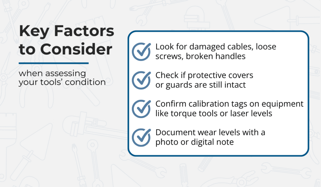Checklist for assessing tool condition: checking for damaged cables, intact protective covers, calibration tags, and documenting wear levels with photos or notes