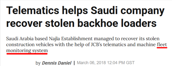 News headline stating telematics helped a Saudi company recover stolen backhoe loaders using a machine fleet monitoring system, with article by Dennis Daniel