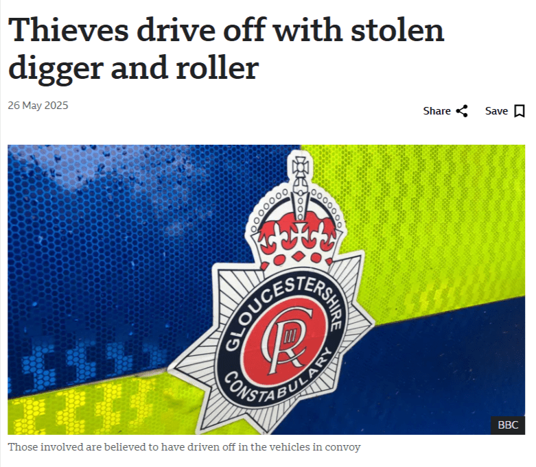 News article headline "Thieves drive off with stolen digger and roller"