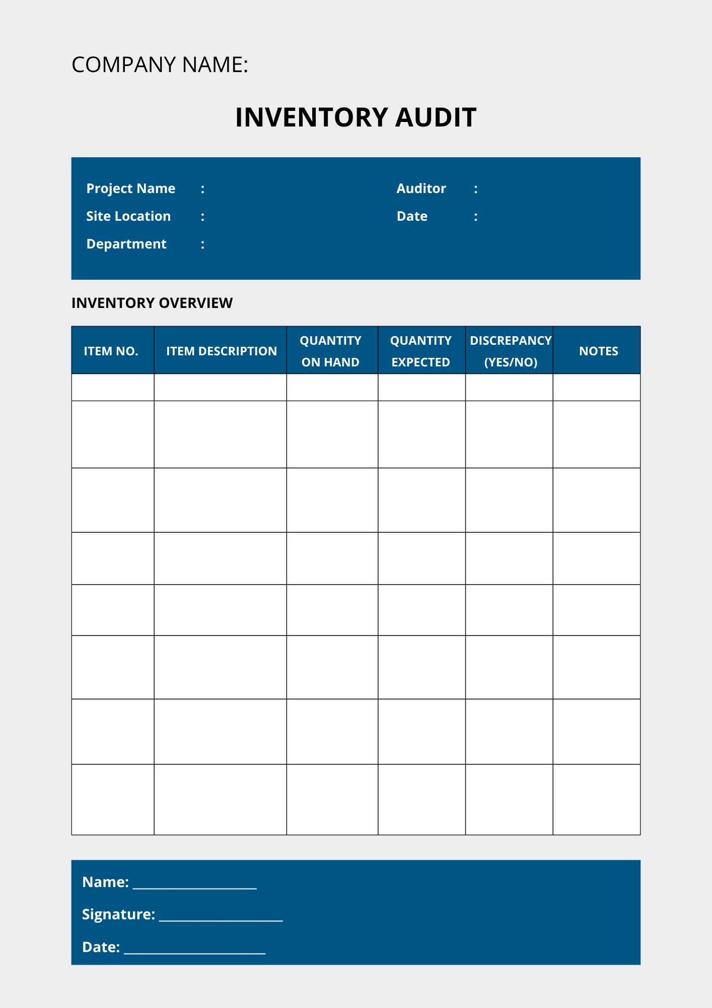 Blank inventory audit form with fields for item number, description, quantity, discrepancies, and auditor signature
