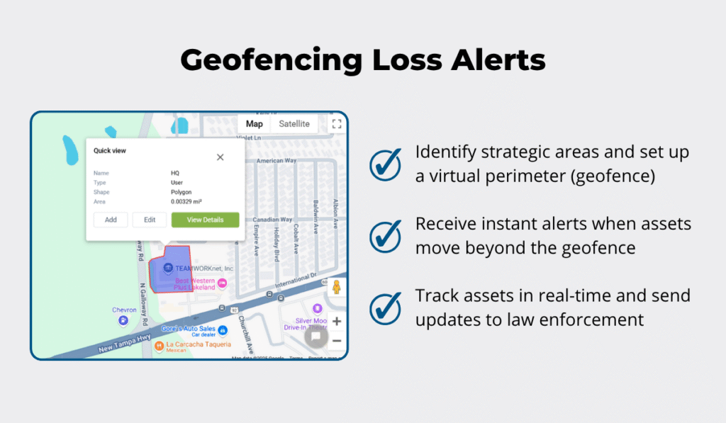 Geofencing alerts with a map and 3 benefits: setting virtual perimeters, receiving alerts, and tracking assets infographic