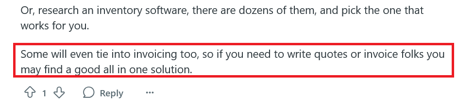 Reddit comment suggesting that some inventory software also includes invoicing features, offering an all-in-one solution