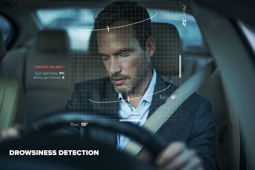 Drowsiness detection system identifying a man asleep at the wheel, with graphical overlays showing eye openness and head movement angles