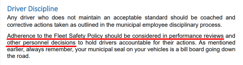 Highlighted policy text emphasizing that adherence to the Fleet Safety Policy should be considered in driver performance reviews and personnel decisions