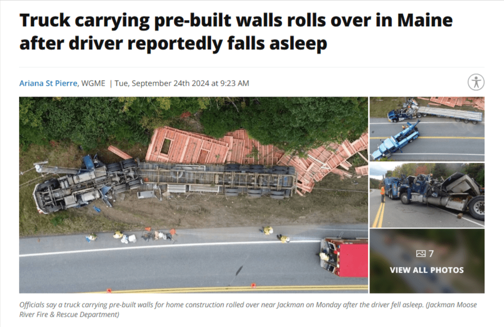 News article headline "Truck carrying pre-built walls rolls over in Maine after driver reportedly falls asleep"