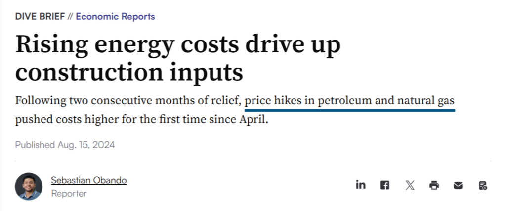 News article headline "Rising energy costs drive up construction inputs"