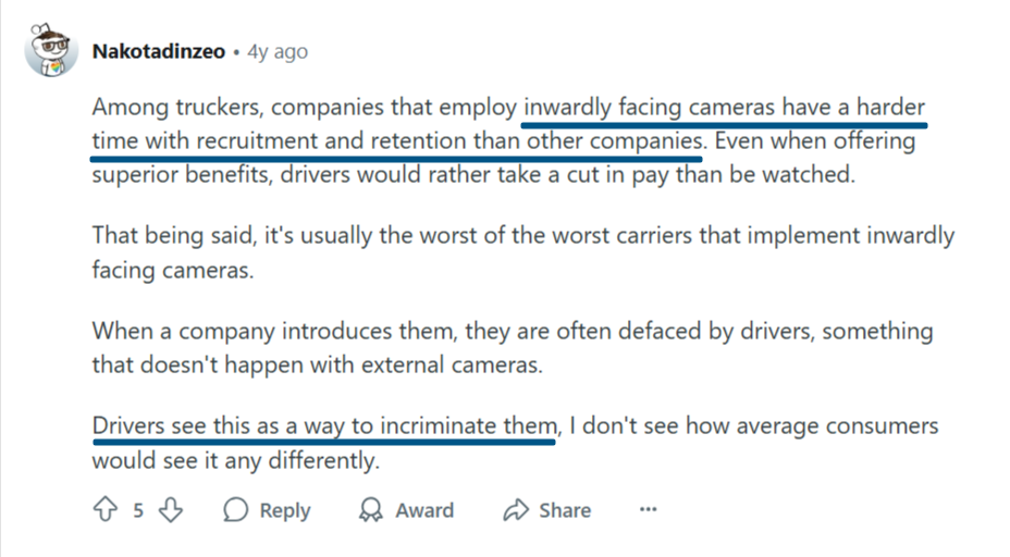 Reddit comment criticizing inward-facing cameras in trucks