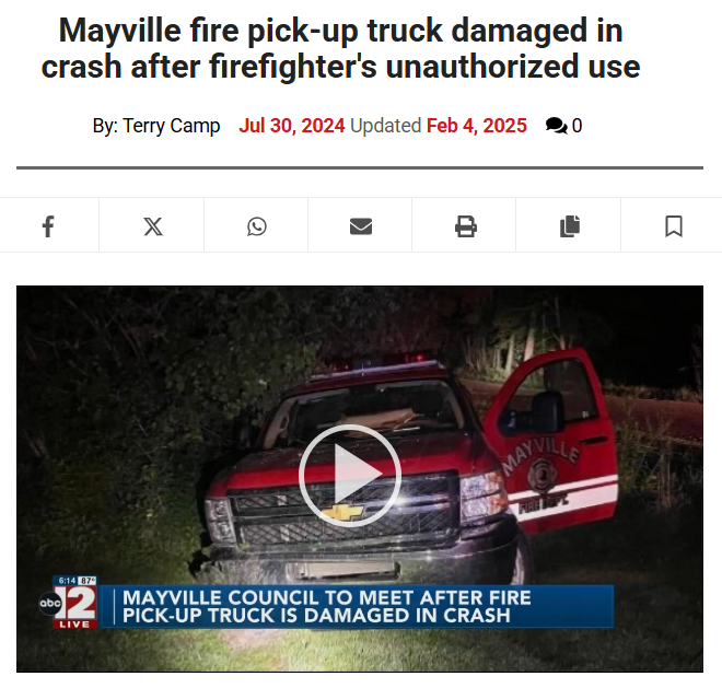 News article "Mayville fire pick-up truck damaged in crash after firefighter's unauthorized use"