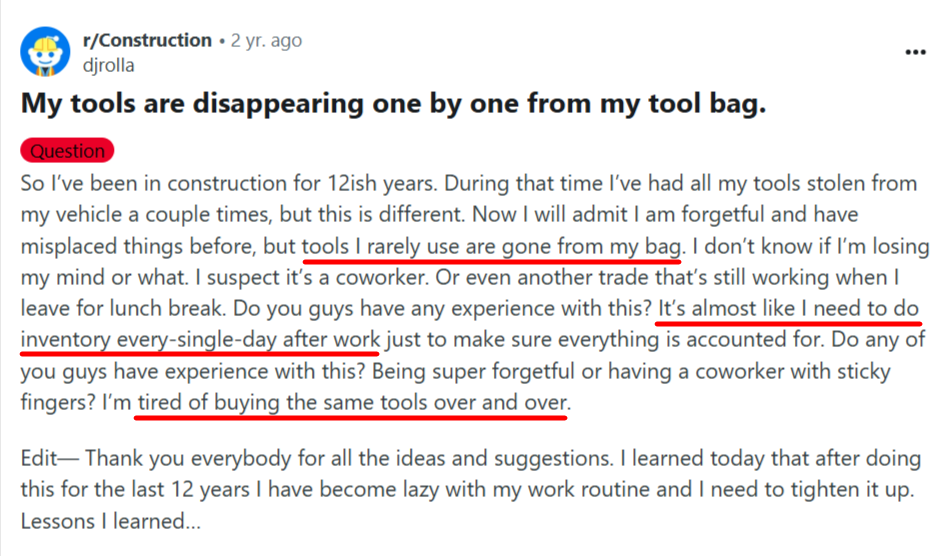 Reddit post about missing tools