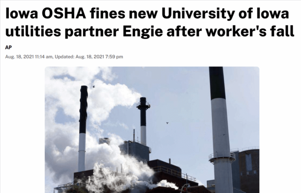 News headline "Iowa OSHA fines new University of Iowa utilities partner Engie after worker's fall"