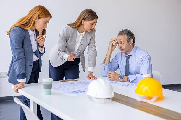 Architects and engineers analyzing blueprints on a desk, having a disagreement during a meeting